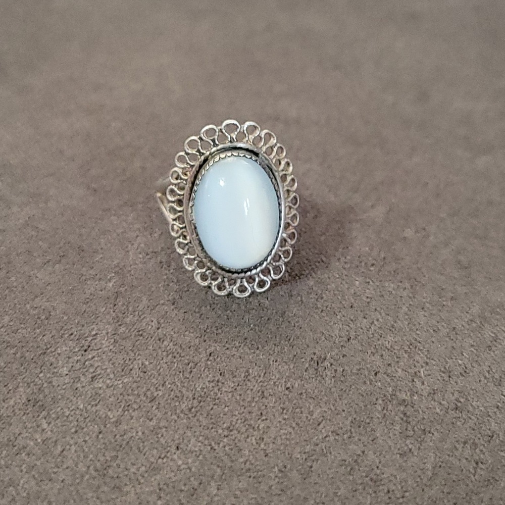 Beau Sterling Silver 925 Filigree Border Design White Tigers Eye Ring Adjustable